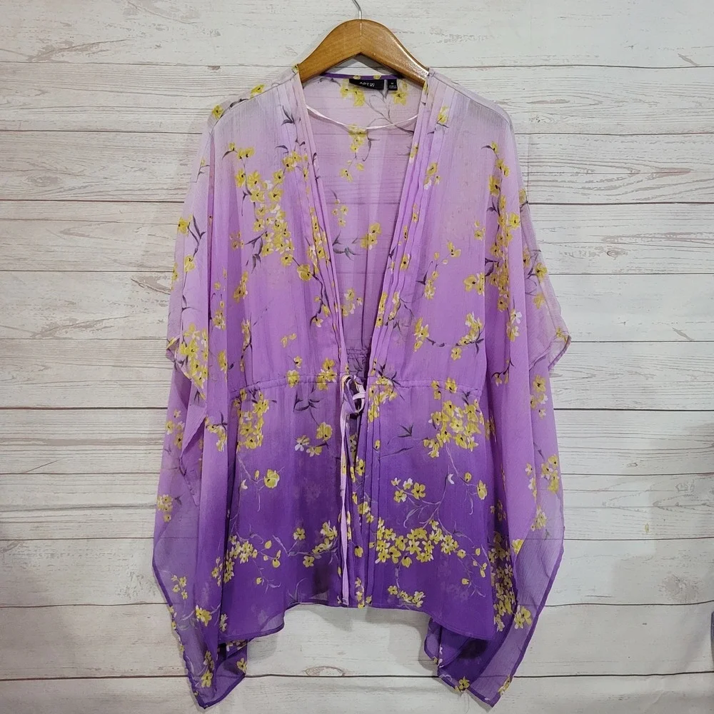 Apt 9 Sheer Kimono Top Womens Medium Purple Ombre Floral Relaxed Feminine